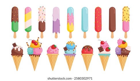 Ice cream cartoon clipart set. Ice cream cones and popsicle icon clip art with flavor elements vector illustration summer sweet dessert flat symbol collection.
