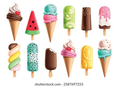 Ice cream cartoon clipart set. Summer colorful ice cream sweet and tasty dessert symbol elements clip art collection in white background vector illustration. 