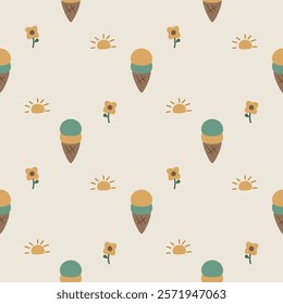 Ice cream cartoon so cute. On flower sun background. Pattern seamless vector illustration. 