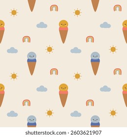Ice cream cartoon so cute. On rainbow cloud sun background. Pattern seamless vector illustration. 