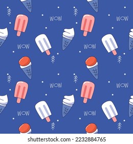 Ice cream cartoon so cute.on snow blue background.pattern seamless vector illustration.
 
