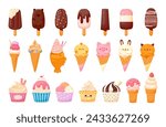 Ice cream. Cartoon different gelato flavors in cones, waffle, cups. Ice dessert with funny animal shape. Sweet vanilla scoop and chocolate popsicle for ice cream shop. Vector set. Tasty refreshment