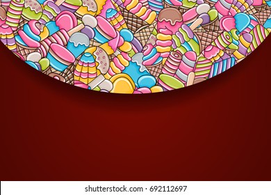Ice cream cartoon doodle design. Cute background concept for party greeting card,  decoration, advertisement, banner, flyer, brochure. Hand drawn vector illustration. 