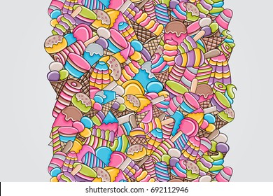 Ice cream cartoon doodle design. Cute background concept for party greeting card,  decoration, advertisement, banner, flyer, brochure. Hand drawn vector illustration. 