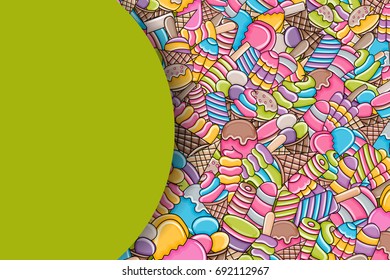 Ice cream cartoon doodle design. Cute background concept for party greeting card,  decoration, advertisement, banner, flyer, brochure. Hand drawn vector illustration. 