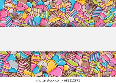 Ice cream cartoon doodle design. Cute background concept for party greeting card,  decoration, advertisement, banner, flyer, brochure. Hand drawn vector illustration. 