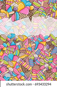 Ice cream cartoon doodle design. Cute background concept for party greeting card,  decoration, advertisement, banner, flyer, brochure. Hand drawn vector illustration. 