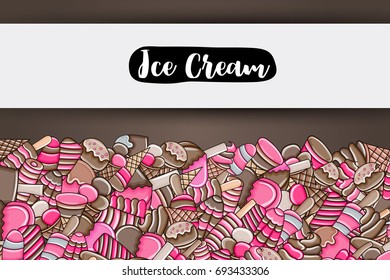 Ice cream cartoon doodle design. Cute background concept for party greeting card,  decoration, advertisement, banner, flyer, brochure. Hand drawn vector illustration. 