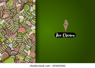 Ice cream cartoon doodle design. Cute background concept for party greeting card,  decoration, advertisement, banner, flyer, brochure. Hand drawn vector illustration. 