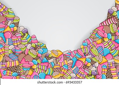 Ice cream cartoon doodle design. Cute background concept for party greeting card,  decoration, advertisement, banner, flyer, brochure. Hand drawn vector illustration. 