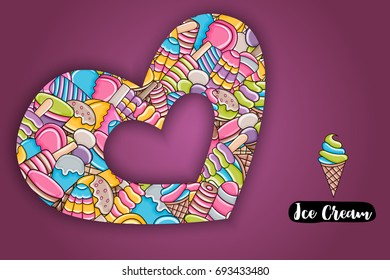 Ice cream cartoon doodle design. Cute background concept for party greeting card,  decoration, advertisement, banner, flyer, brochure. Hand drawn vector illustration. 