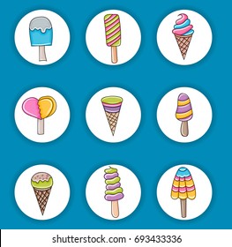 Ice cream cartoon doodle icon set. Cute elements for party decoration, greeting card,  advertisement, banner, flyer, brochure. Hand drawn vector illustration. 