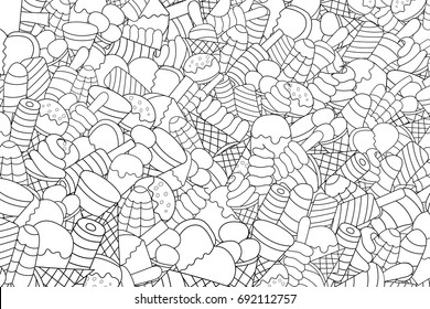 Ice cream cartoon doodle outline design. Cute black and white lineart background concept for party decoration, greeting card,  advertisement, banner, flyer, brochure. Hand drawn vector illustration. 