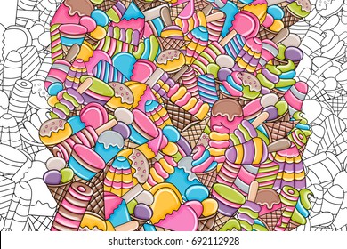 Ice cream cartoon doodle outline design. Cute black and white lineart background concept for party decoration, greeting card,  advertisement, banner, flyer, brochure. Hand drawn vector illustration. 