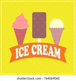 Ice cream cartoon flat style warm colors on yellow background