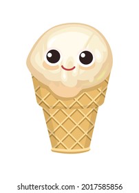Ice cream. Cartoon funny character. The object is isolated on a white background. Waffle dishes. Summer food sweet dessert. Flat design. Vector