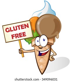 Ice cream cartoon with gluten free signboard isolated 