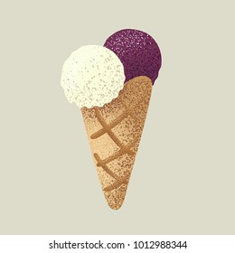 Ice cream cartoon icon. Ice cream scoops and waffle cone isolated. Blueberry dessert. Vector illustration in dot style, retro vintage dots graphic art.