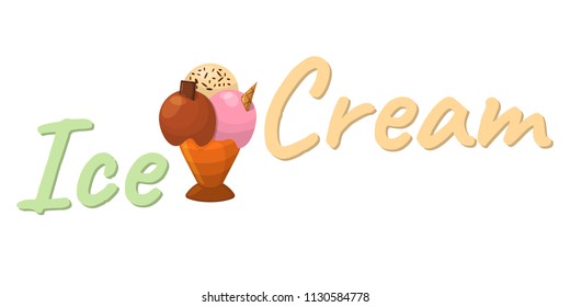 Ice Cream Cartoon Icon. Summer Sundae Logo and Label for Ice Cream Shop. Vector Illustration.