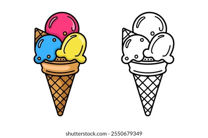 Ice cream cartoon line art coloring pages book for kids vector illustration