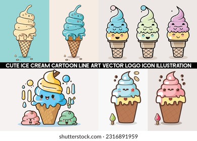 Ice cream cartoon logo design bundle, Cartoon ice cream cone, Ice cream cartoon character design, Ice cream illustration vector bundle.