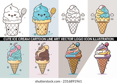 Ice cream cartoon logo design bundle, Cartoon ice cream cone, Ice cream cartoon character design, Ice cream illustration vector bundle.