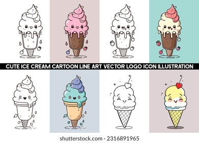 Ice cream cartoon logo design bundle, Cartoon ice cream cone, Ice cream cartoon character design, Ice cream illustration vector bundle.