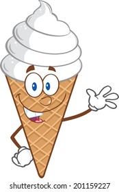 Ice Cream Cartoon Mascot Character Waving. Vector Illustration Isolated on white