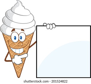 Ice Cream Cartoon Mascot Character Showing A Blank Sign. Vector Illustration Isolated on white