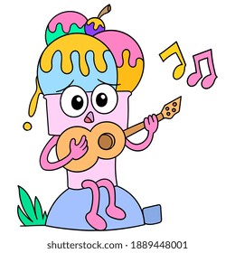 ice cream cartoon playing music on guitar, character cute doodle draw. vector illustration