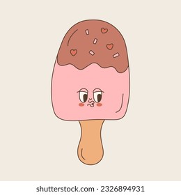 Ice cream in cartoon retro groovy style. Eskimo with face of the 70s. Vector illustration