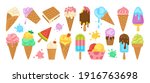 Ice cream cartoon set. Chocolate, vanilla ice cream cone fruit, mint, berry ice lolly. Kawaii bright summer collection sweet food, splash. Watermelon on stick. Isolated dessert vector illustration