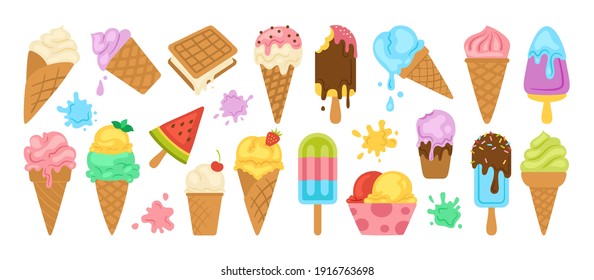 Ice cream cartoon set. Chocolate, vanilla ice cream cone fruit, mint, berry ice lolly. Kawaii bright summer collection sweet food, splash. Watermelon on stick. Isolated dessert vector illustration