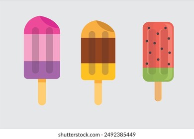 Ice Cream Cartoon Set. Cute Colorful Flavored Ice. Watermelon, Chocolate Ice. Sweet Cool Summer Vector Collection.