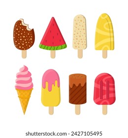 Juego de dibujos animados de helado. Colección de dulces fríos de verano. Lindo Hielo Con Sabor Colorido. Sandía, helado de chocolate.