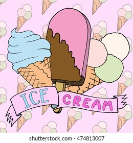 ice cream cartoon sketch for textures or backgrounds. isolated hand drown vector.  youth style. Chocolate ice cream. Strawberry ice cream. Vanilla ice cream. pistachio ice cream, ice cream cup