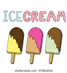 ice cream cartoon sketch for textures or backgrounds. isolated hand drown vector.  youth style. Chocolate ice cream. Strawberry ice cream. Vanilla ice cream. pistachio ice cream, ice cream cup