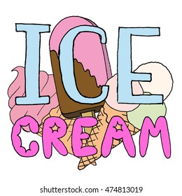 ice cream cartoon sketch for textures or backgrounds. isolated hand drown vector.  youth style. Chocolate ice cream. Strawberry ice cream. Vanilla ice cream. pistachio ice cream, ice cream cup