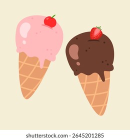Ice cream cartoon. Strawberry and chocolate ice cream illustration with cherry and strawberry topping. Can be used for wallpaper, print and food element