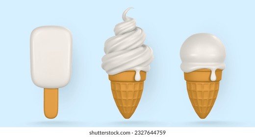 Ice cream in cartoon style. 3d summer holiday object. Vector illustration.