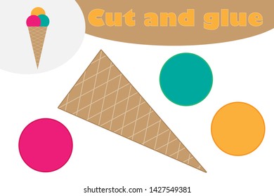 Ice cream in cartoon style, education game for the development of preschool children, use scissors and glue to create the applique, cut parts of the image and glue on the paper, vector illustration