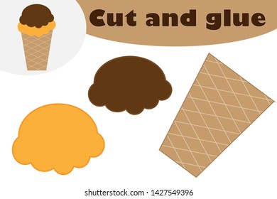 Ice cream in cartoon style, education game for the development of preschool children, use scissors and glue to create the applique, cut parts of the image and glue on the paper, vector illustration