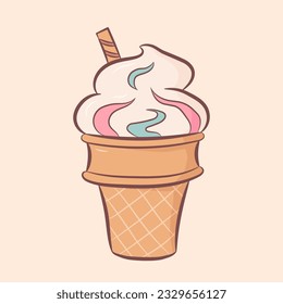 Helado al estilo de las caricaturas. Ilustración vectorial del postre dulce frío colorido al estilo del doodle