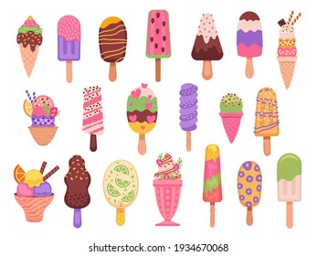 Ice cream. Cartoon summer dessert, popsicles, fruit frozen juice and yogurt, watermelon sorbet. Chocolate creams with sprinkles vector set