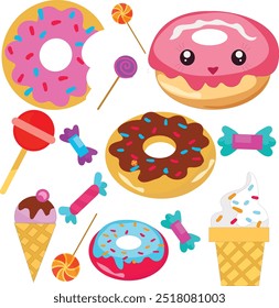  helado, dulces de dibujos animados. Dulce postre, caramelo, torta linda, piruleta, chocolate, pastel de azúcar, donut, panadería colorida, juego de Vector. Confitería y deliciosas galletas