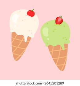 Ice cream cartoon. Vanilla and matcha ice cream illustration with cherry and strawberry topping. Can be used for wallpaper, print and food element