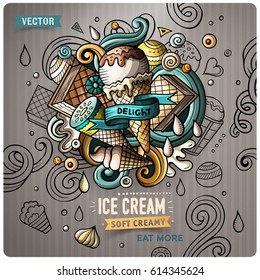 Ice Cream cartoon vector doodle illustration. Colorful detailed design with lot of objects and symbols. All elements separate