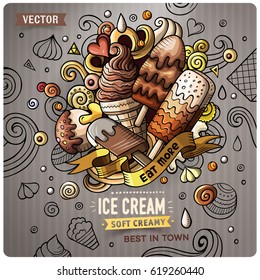 Ice Cream cartoon vector doodle illustration. Colorful detailed design with lot of objects and symbols. All elements separate