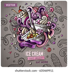 Ice Cream cartoon vector doodle illustration. Colorful detailed design with lot of objects and symbols. All elements separate