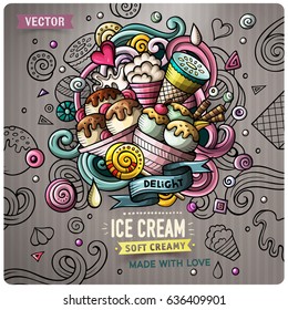Ice Cream cartoon vector doodle illustration. Colorful detailed design with lot of objects and symbols. All elements separate